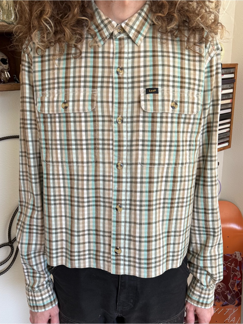 Vintage 90s Y2K Lee Cropped Boxy Plaid LS Button Down Work Shirt ~ Size XL